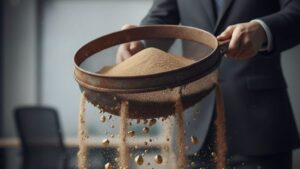 砂の中から金塊を選別しようとしているが、ザルの目が粗く、価値ある金塊が砂と一緒に下へ漏れ落ちてしまっている様子。