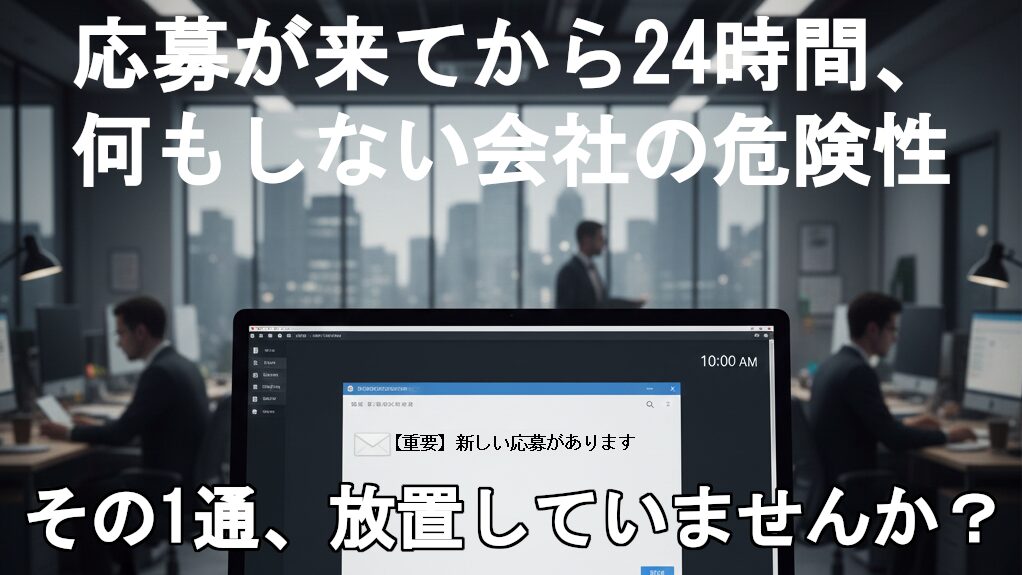 「応募が来てから24時間、何もしない会社の危険性」「その1通、放置していませんか?」というテキスト。背景にはオフィスでPCに向かう人々と、画面に映る「新しい応募があります」という通知メールの画像。