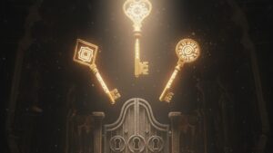 暗闇の中で黄金に輝く3つの鍵。一次選考の3つの重要な役割を象徴。
