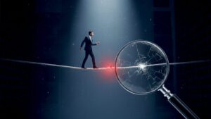 暗闇の中で細い綱の上を歩くスーツ姿の男性。その先にある大きな虫眼鏡のレンズにはひびが入っており、選考の危うさを象徴している。