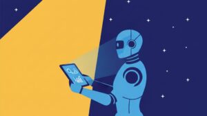 タブレットを操作し、夜空に浮かぶ星の中から最適な候補者をサーチライトで照らし出すロボットのミニマルなフラットイラスト