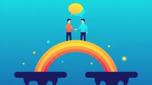 虹の架け橋の上で握手し、信頼関係を築く2人の人物のフラットイラスト