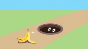 明るい色使いのミニマルなフラットイラスト。道にある落とし穴の中から目がこちらを覗いており、その手前にはバナナの皮が落ちている、注意喚起をイメージしたデザイン。
