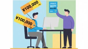 デスクで作業する経営者の背中に「¥100,000 / hr」の高額な値札が付いており、その横で専門家がより安価な「¥10,000」の請求書を提示している、ミニマルなフラットデザインのイラスト。経営者の時間価値と外注費用の対比を表現している。