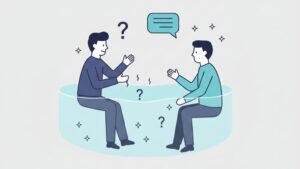 面接で候補者の本音を深掘りし、潜在能力を見極める様子を表現したフラットイラスト