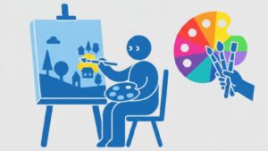 青一色で絵を描く人物の横から、多彩なパレットと筆を差し出す手が描かれたミニマルなイラスト。自社のリソース（人事）だけでなく、外部の視点や専門性を取り入れることで解決策が広がる様子を表現している。