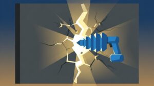 分厚い壁をドリルで突き破り、向こう側から強い光が漏れ出しているフラットデザインのイラスト。採用の困難な局面を執念と自責思考で突破する様子を表現。