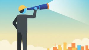 高台から望遠鏡でビジネス街を見渡し、採用を経営視点で捉えるビジネスパーソンのミニマルなフラットイラスト