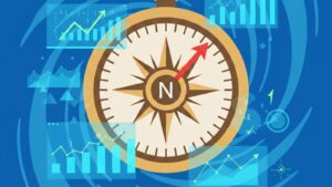 激しく変化する採用市場を象徴する渦を背景に、中心に配置された羅針盤と、その周囲に浮かぶ最新のデータチャートやグラフのフラットイラスト。トレンドを読み解く情報収集力を表現。