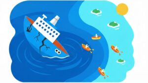 荒れた青い海で大きく傾き、ひび割れて沈みゆく一隻の大きな船と、そこから救命ボートに乗って明るい島々の方へと離れていく人々を描いた、フラットデザインのミニマルなイラスト。