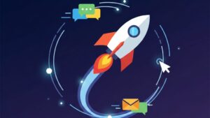 圧倒的なスピードと行動力」を象徴するロケットのフラットイラスト。宇宙空間のような背景に、チャットやメールのアイコンが光の軌跡とともに飛び交い、迅速なレスポンスを表現している。