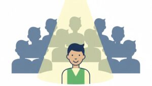 大勢の求職者のシルエットの中で、特定の一人だけにスポットライトが当たっているフラットなイラスト。ターゲットを絞り込むペルソナ設計の重要性を表現。