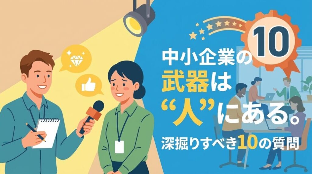 社員インタビューで中小企業の魅力を掘り起こす10の質問を紹介するブログアイキャッチ画像。スポットライトを浴びてインタビューを受ける社員と、メモを取るインタビュアーのフラットデザインなイラスト。
