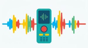 色鮮やかな音声波形を背景に、中央に配置されたミニマルなフラットデザインのボイスレコーダーのイラスト。経営者の熱量を可視化したようなモダンでプロフェッショナルなイメージ。