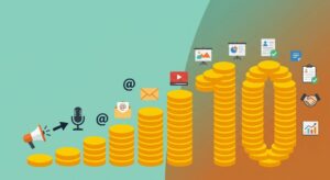 積み重なる金貨とビジネスアイコンのイラスト。1つのインタビューが10倍の資産価値を生む「最強の経営資源」であることを表現したフラットデザイン。