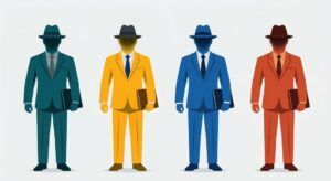 顔が影で隠された、スーツ姿のビジネスパーソンが並ぶフラットイラスト。社員の顔が見えない求人による不透明さと採用損失を表現。