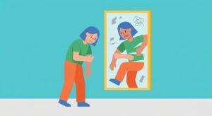 鏡の前で落ち込む人物のイラスト。実物よりも鏡の中の自分がボロボロで魅力がないように歪んで見えてしまっている、採用における「自社の魅力への勘違い」を表現したフラットベクターデザイン。