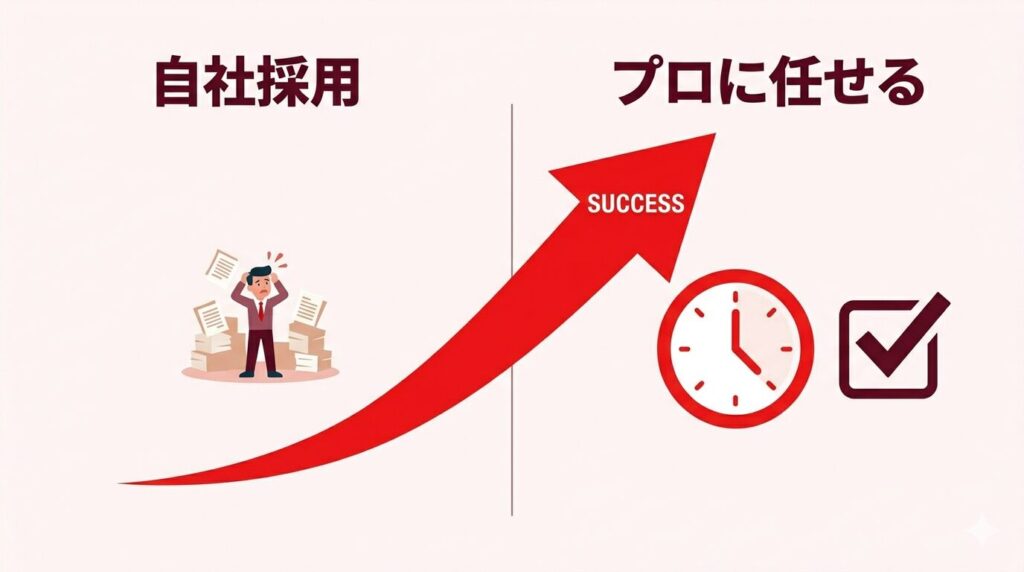 自社採用で悩む人と、プロに任せてスピード解決（SUCCESS）する比較イラスト